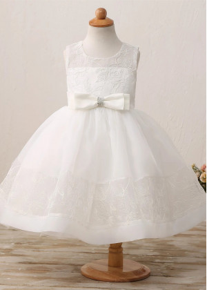 Ivory Lace Organza Flower Girl Dress With Bow